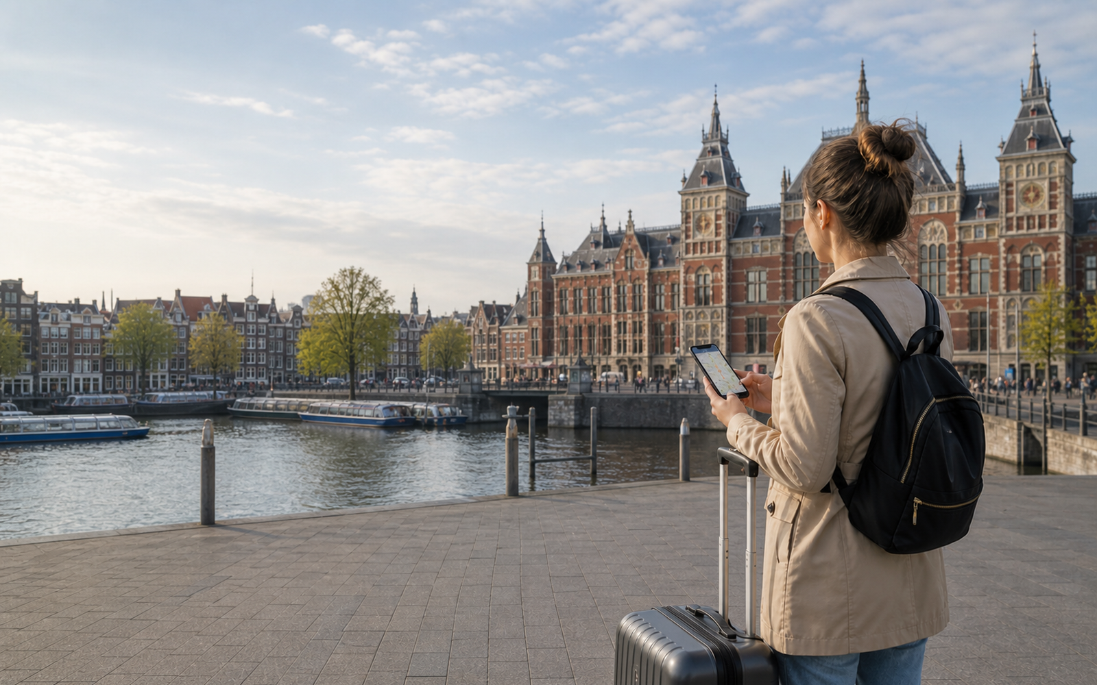 Custom editorial artwork for a traveler planning the amsterdam airport to city route, without text or logos.